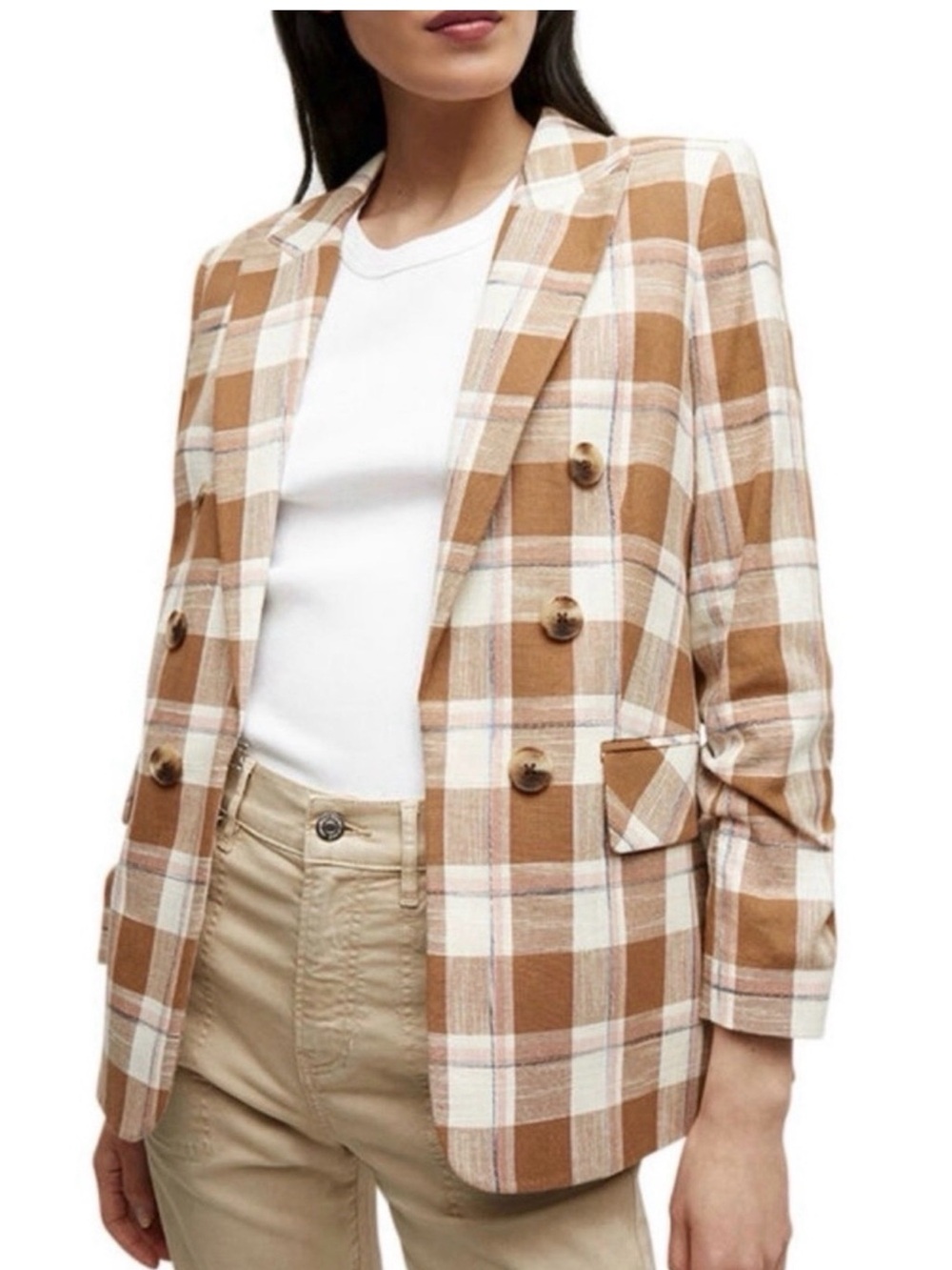 Veronica Beard Tan and Cream Plaid Double-Breasted Blazer